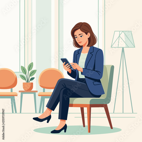 Woman in Business Attire Sitting and Using Smartphone in Waiting Room, Vector Illustration