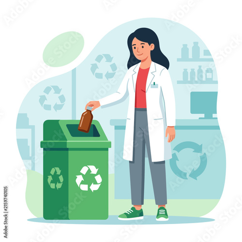 Woman in Lab Coat Disposing of Brown Glass Bottle in Recycling Bin, symbolizing waste management and eco-friendly practices.