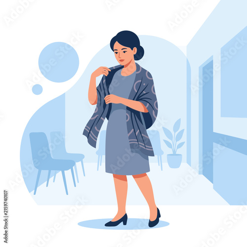 Woman in Elegant Blue Dress and Scarf Adjusting Her Attire in a Modern Waiting Room Setting