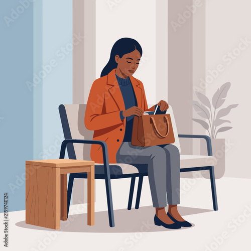 Woman in Orange Blazer Sitting in Waiting Room, Searching Handbag