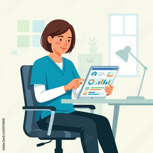 Woman in scrubs using tablet with charts and graphs at desk in a modern office, flat illustration