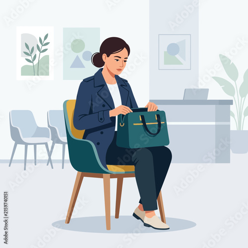 Woman in modern waiting room holding handbag, minimalist illustration, business concept