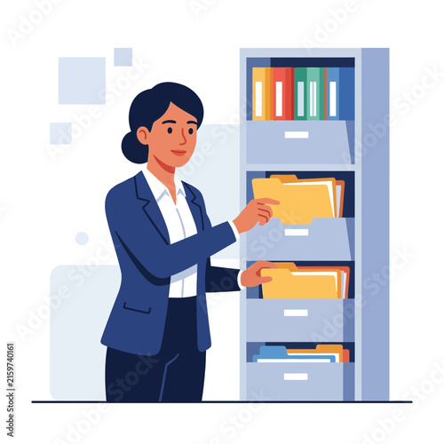 Woman in suit organizing files in a cabinet, concept of data management, business, and office work