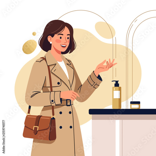 Woman in Trench Coat Choosing Skincare Products at Counter, Vector Illustration