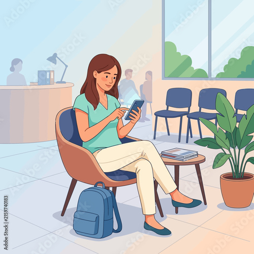 Woman in waiting room using smartphone, calm atmosphere with plants and natural light