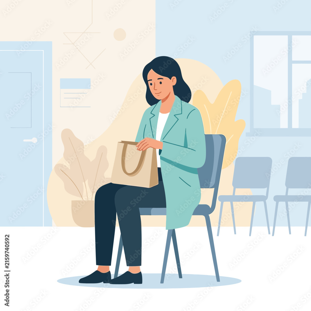 Fototapeta premium Woman waiting in a doctor's office or clinic reception area, seated with a handbag.