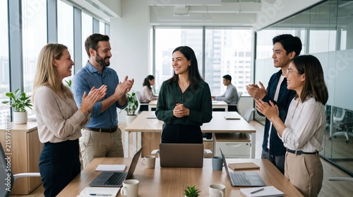 Diverse business professionals clapping and smiling in a modern office setting, celebrating success or showing appreciation for a colleague.
