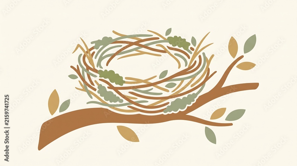 Obraz premium Hand drawn illustration of a bird nest on a tree branch.