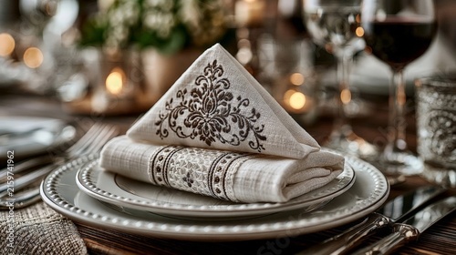 An elegant table setting with a folded napkin, fine dinnerware, and soft bokeh lighting, creating a luxurious dining atmosphere.