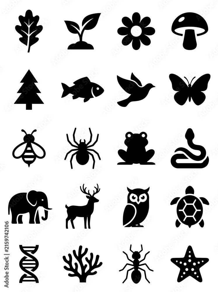 Fototapeta premium Nature Animals and Plants Black Silhouette Icon Set
