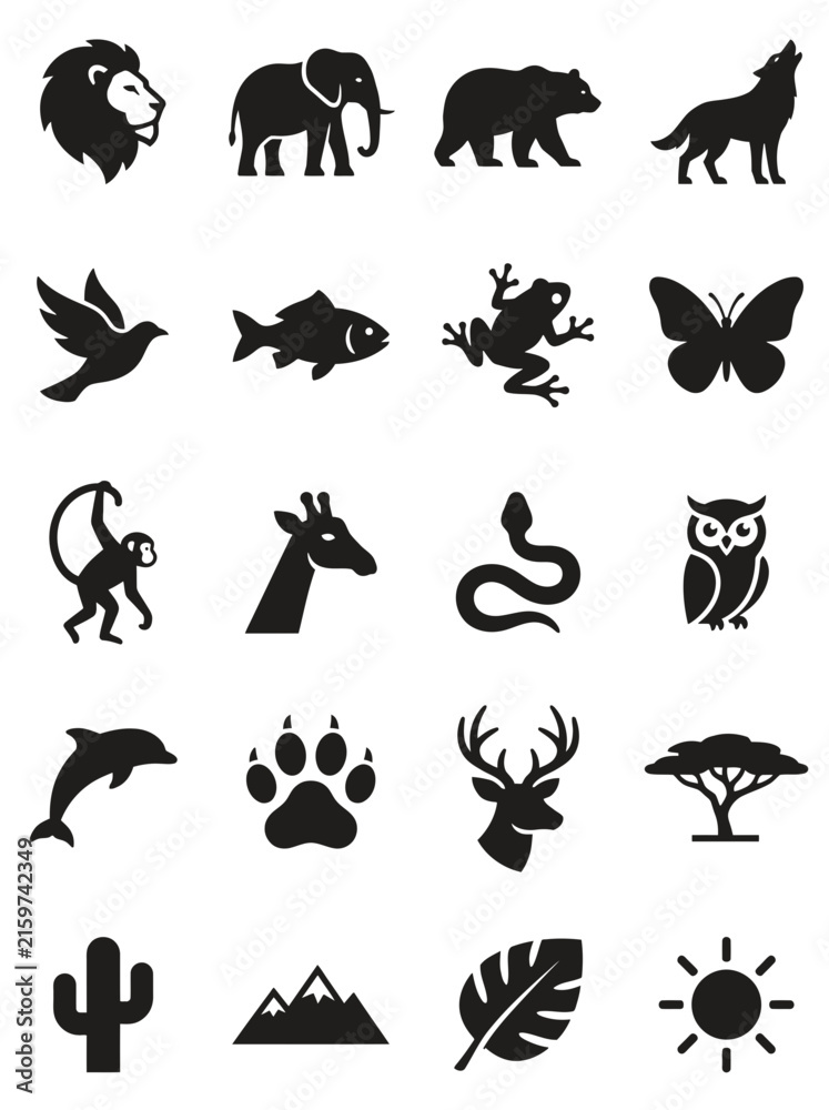 Obraz premium Wildlife Animals and Nature Silhouette Icons Vector Collection