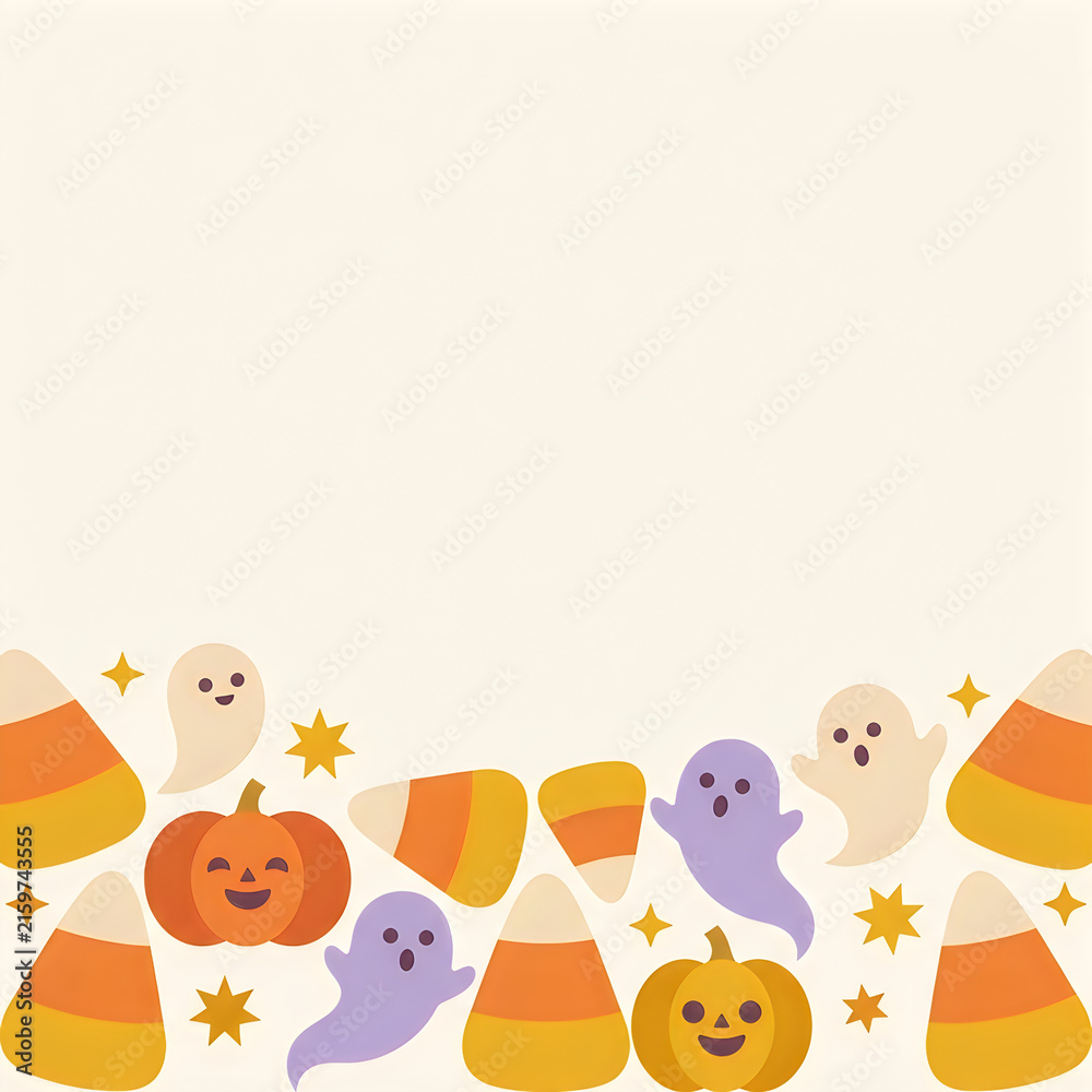 Fototapeta premium Cute pixel art halloween border with pumpkins ghosts and candy corn elements