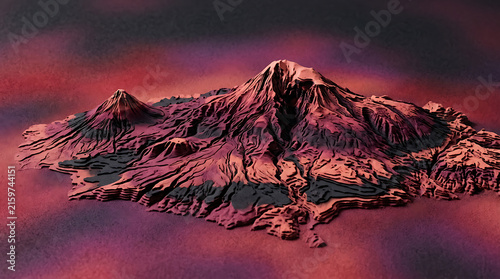 Foto Volcanic Landscape: A dramatic, stylized representation of a volcanic mountain range, featuring rugged peaks and deep valleys under a fiery, atmospheric sky