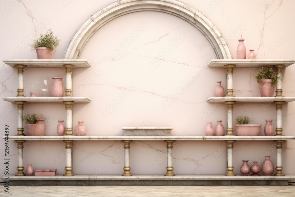 Fototapeta premium Neoclassical interior designed with white marble shelves, a central arch, and pink decorative elements