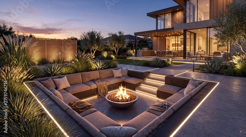 Luxury modern backyard patio featuring a sunken fire pit lounge area with comfortable sofas and warm landscape lighting at dusk