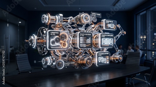 Futuristic hologram displaying complex automated business system and data analytics in a modern corporate boardroom