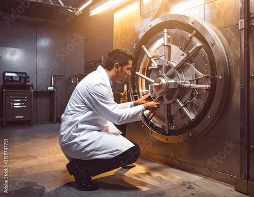 Engineer inspecting large circular industrial vault door.