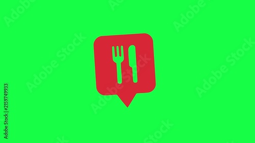Red location pin icon with fork and knife motion loop for food apps