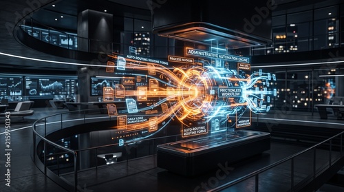 Futuristic futuristic control center with glowing holographic funnel and data analytics