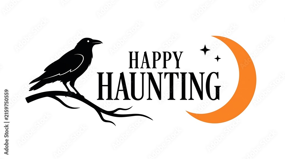 Fototapeta premium A festive halloween design featuring a black crow perched on a bare branch with an orange crescent moon and stars