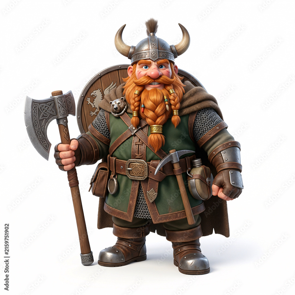 Obraz premium Guerrier viking barbu avec hache et bouclier en illustration 3D