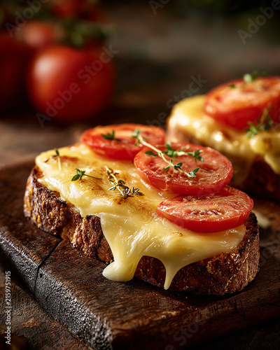 Close up of melted cheese on toast with tomatoes on board generated.AI