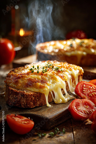 Close up of melted cheese on toast with tomatoes on board generated.AI