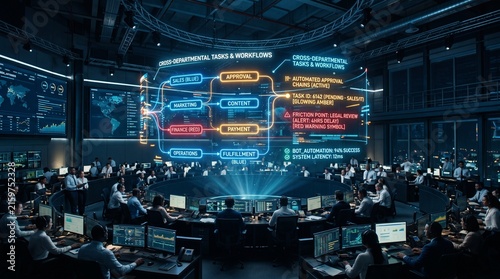 Futuristic command center with digital hologram workflow screens and analysts monitoring network data