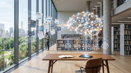 Artificial intelligence brain data processing concept in a modern library office with digital analytics