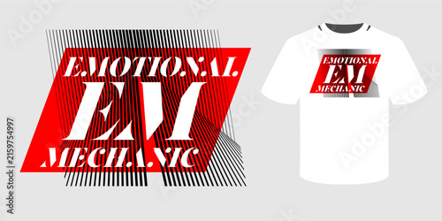 Abstract geometric T shirt design with bold white typography, red geometric background and dynamic black line pattern