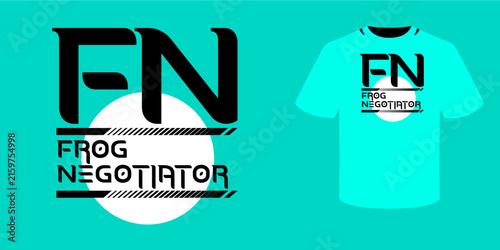 Frog Negotiator typography t-shirt design featuring bold geometric lettering, black and white shapes, and a modern futuristic streetwear aesthetic.
