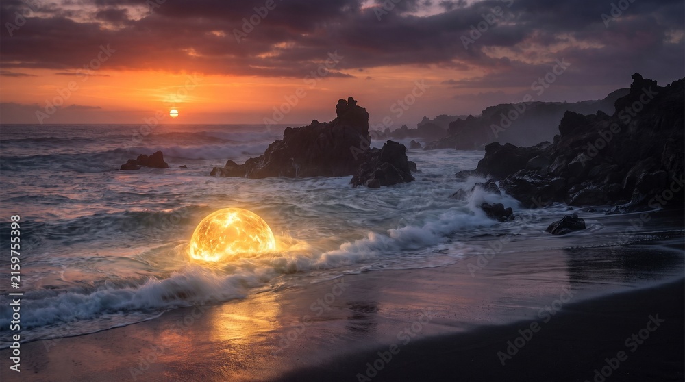 Obraz premium Dual Suns Above and Beneath a Surreal Volcanic Ocean