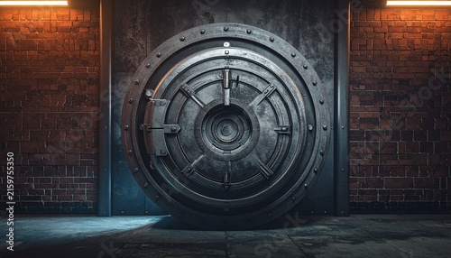 Massive steel bank vault door set in a dark brick wall under dramatic warm lighting