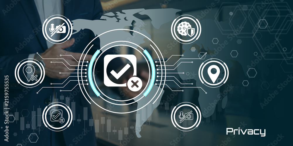 Fototapeta premium Cybersecurity compliance dashboard with global data protection icons and digital checkmark technology
