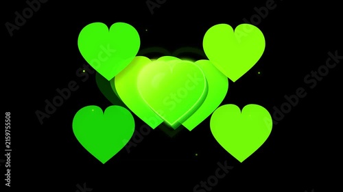 Glowing neon lime green hearts floating in rhythmic motion during this vibrant digital animation video clip