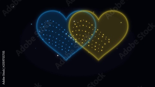 Interlocking glowing blue and yellow heart shapes animated for a creative video motion background clip