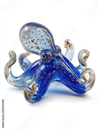 Blue Glass Octopus Figurine With Gold Glitter Inclusions On White Background