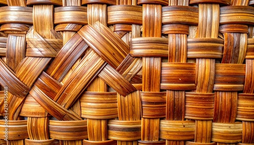 Natural Brown Woven Bamboo Rattan Texture Close Up Interlocking Basket Weave Pattern