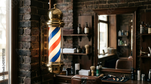 Vintage barber shop interior with classic pole and mirror.