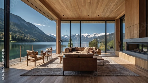 Luxurious Modern Living Room with Panoramic Mountain and Lake View in a Waterfront Timber Home