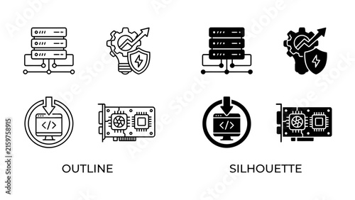 Tech Icons Set: A collection of outline and silhouette icons representing server, development, security, and graphics card, symbolizing technology and data processing.