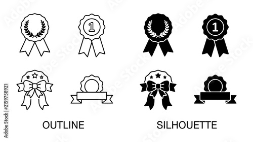 Bild auf Leinwand Award Ribbon Icons: A collection of award ribbons in both outline and silhouette styles, featuring laurels, number one designations, and bows, perfect for representing achievement and recognition