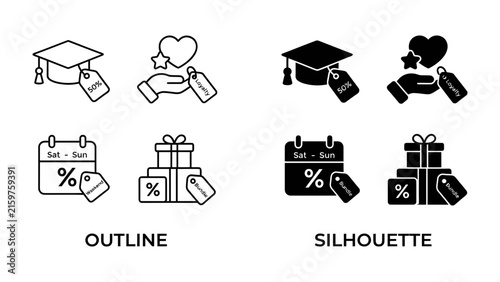Education Sale Icons: A collection of graphic icons representing graduation cap, gift boxes, calendar, and hand with heart, symbolizing education sale and discounts.