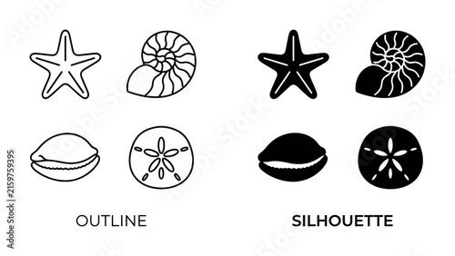 Seashell Icons: A collection of stylized seashell icons presented in both outline and silhouette formats, featuring a starfish, nautilus shell, cowrie shell, and sand dollar.
