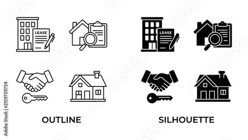 Real Estate Icons: A set of simple graphic icons representing real estate transactions, including buildings, lease agreements, magnifying glass, house, handshake, and key.