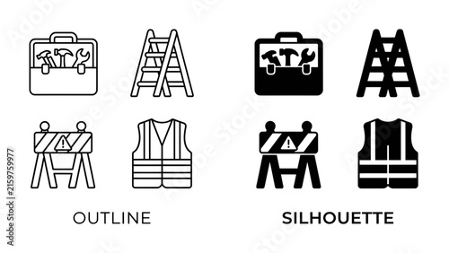 Construction Icons: A set of four icons depicting tools, ladder, barrier, and safety vest in both outline and silhouette styles, symbolizing construction and safety.