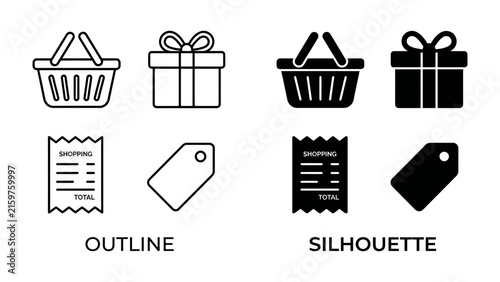 Shopping Icons: A set of clean, modern icons depicting a shopping basket, gift box, receipt, and tag, presented in both outline and silhouette styles, perfect for e-commerce and retail design.