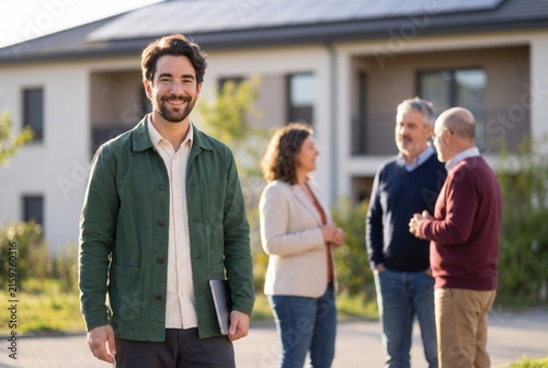 Young man standing in front of modern houses with solar panels while people chat in the background