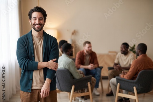 Young man smiling, looking at camera while diverse men participate in group therapy session