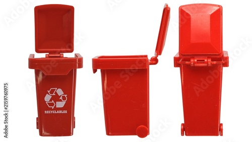Miniature trash can front, side and back view isolated on white background. cleaning concept. A picture of a large red rubbish bin with wheels 